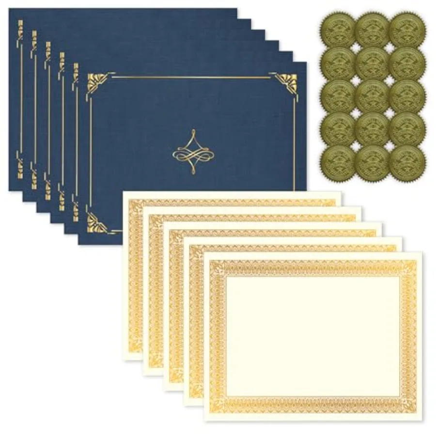 

Navy Blue Linen Certificate Award Kit with Gold Foil Seals and Ivory Cardstock Certificates 8.5″ x 11″ 75-Piece Recognition Set