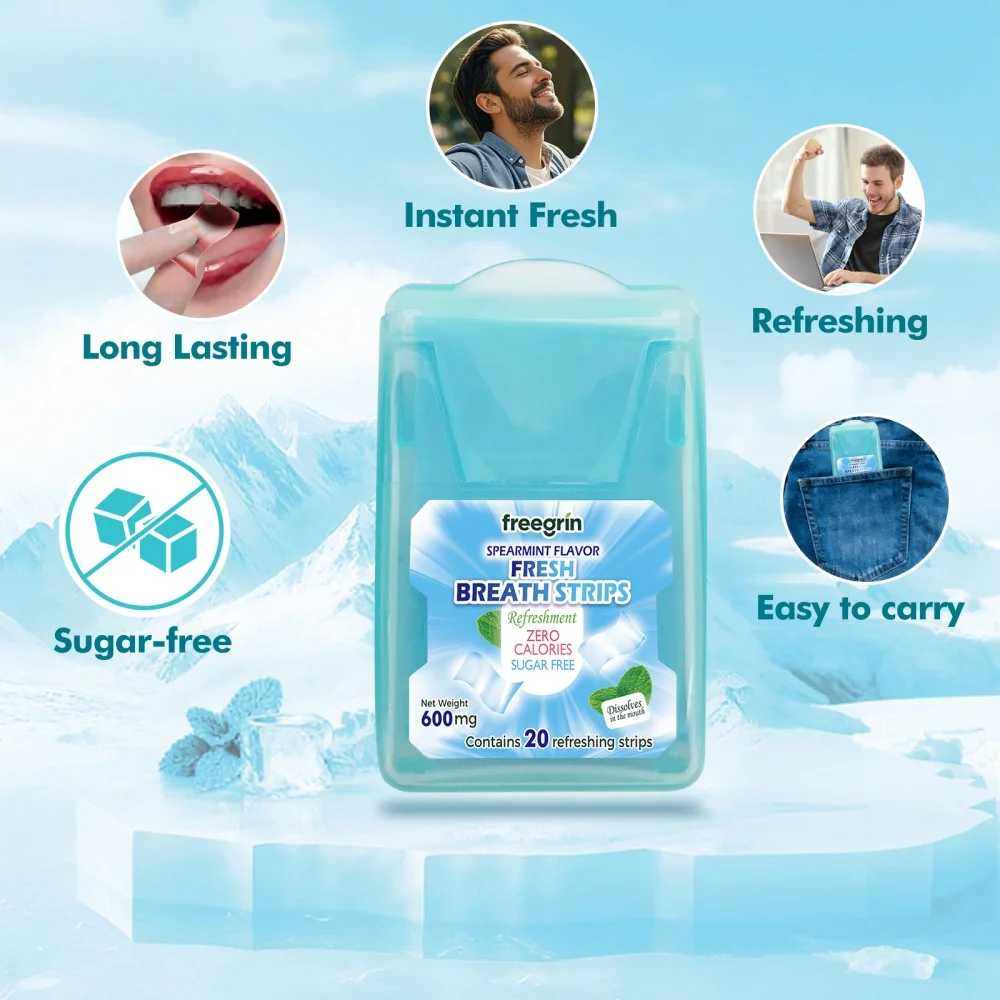 FREEGRIN Spearmint Flavored Fresh Breath Strips Portable Strips Kissing Mouth Fresh Breath Tablets Instant Dissolve Oral Strips view 3