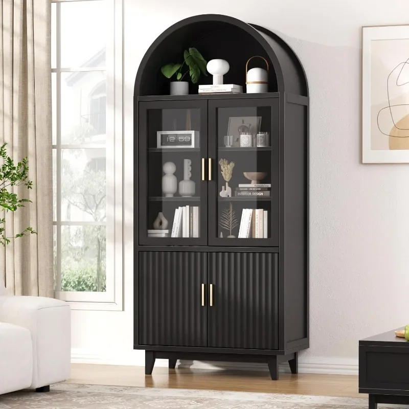 

FiveWillowise Arched Cabinet with Glass Doors, Fluted Tall Pantry with Solid Wood Legs,71" Modern Accent Cabinet for Living Room
