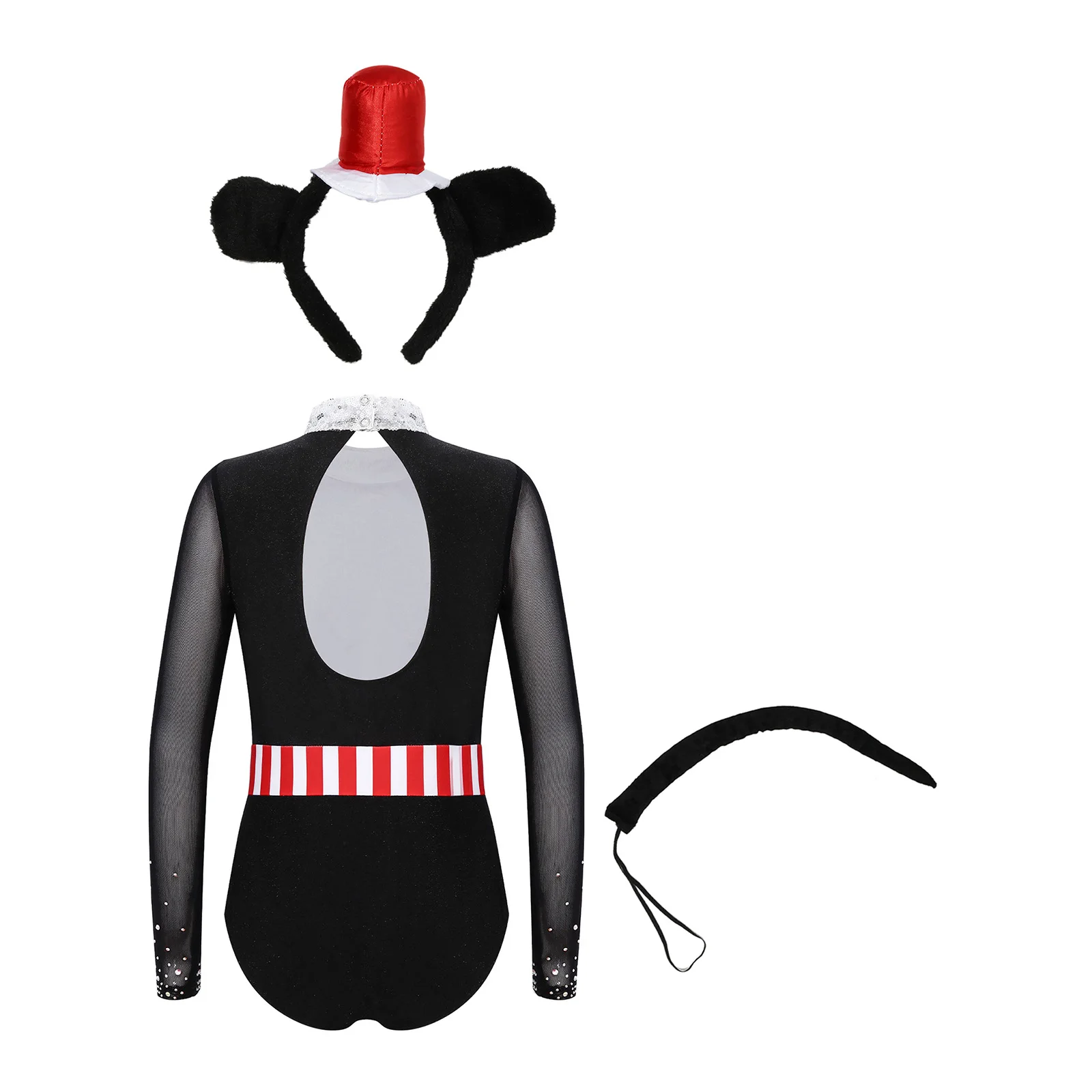 Kids Girls Mouse Costume Outfit Halloween Ringmaster Jumpsuit Long Sleeve Bowknot Sequin Mesh Bodysuit with Hair Hoop Tail Sets