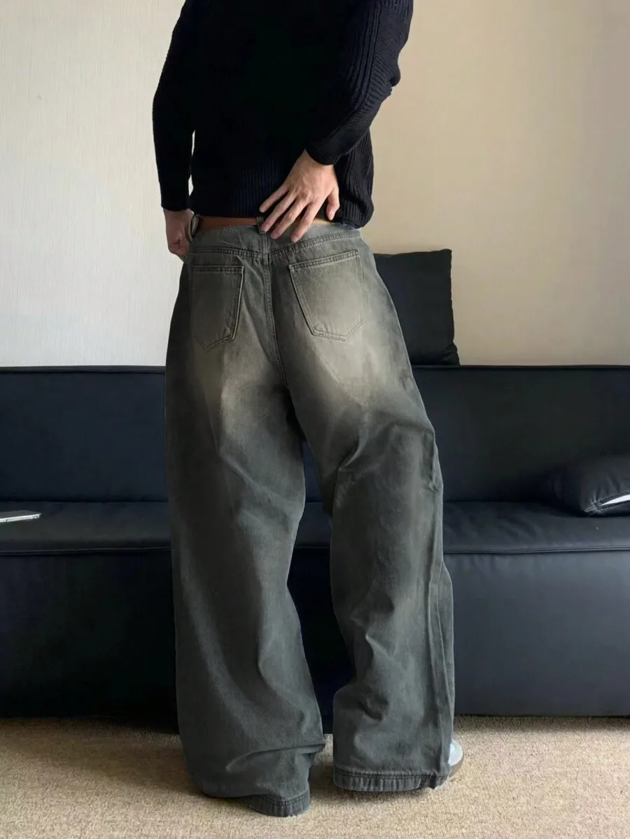 

Mens Distressed Wide Leg Loose Fit Denim Jeans Casual Style