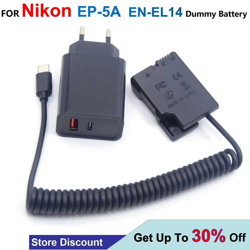 EP-5A EN-EL14 MH-24 Dummy Battery USB C Power Bank Cable + PD Charger For Nikon D3200 D3300 D3500 P7000 P7100 D5300 D5500 D5600