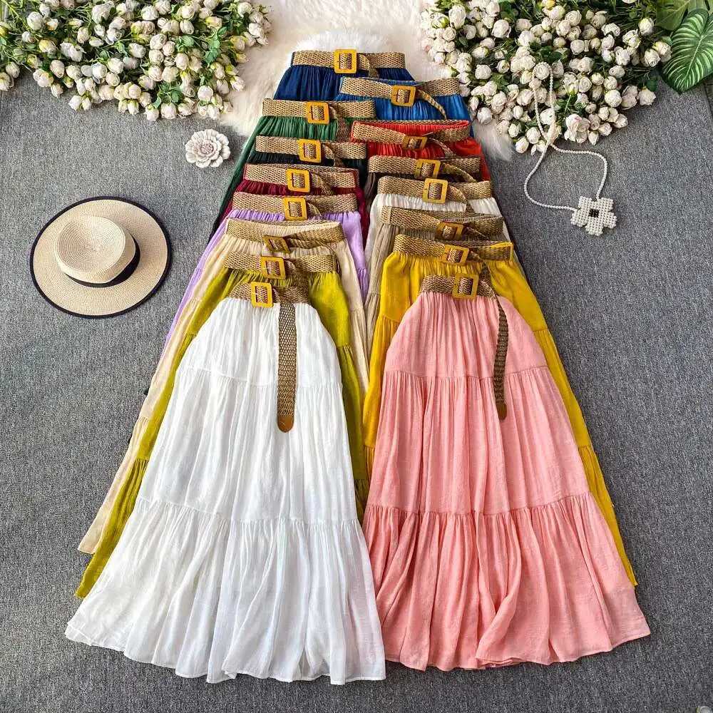 

Women White Midi Skirt Summer Vintage Casual High Waisted Slim A-line Elegant Skirts with Belt
