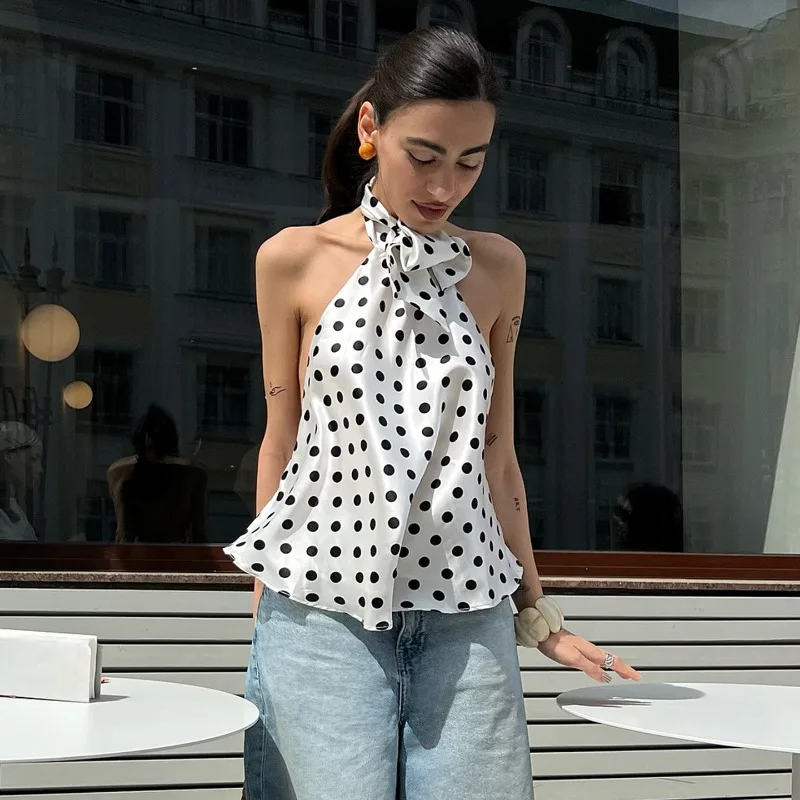 

Tuularose Vintage Polka Dot Tank Top Sexy Hanging Neck Contrast Bow Ribbon Backless Top Fashion Party Looks Backless Tops Women