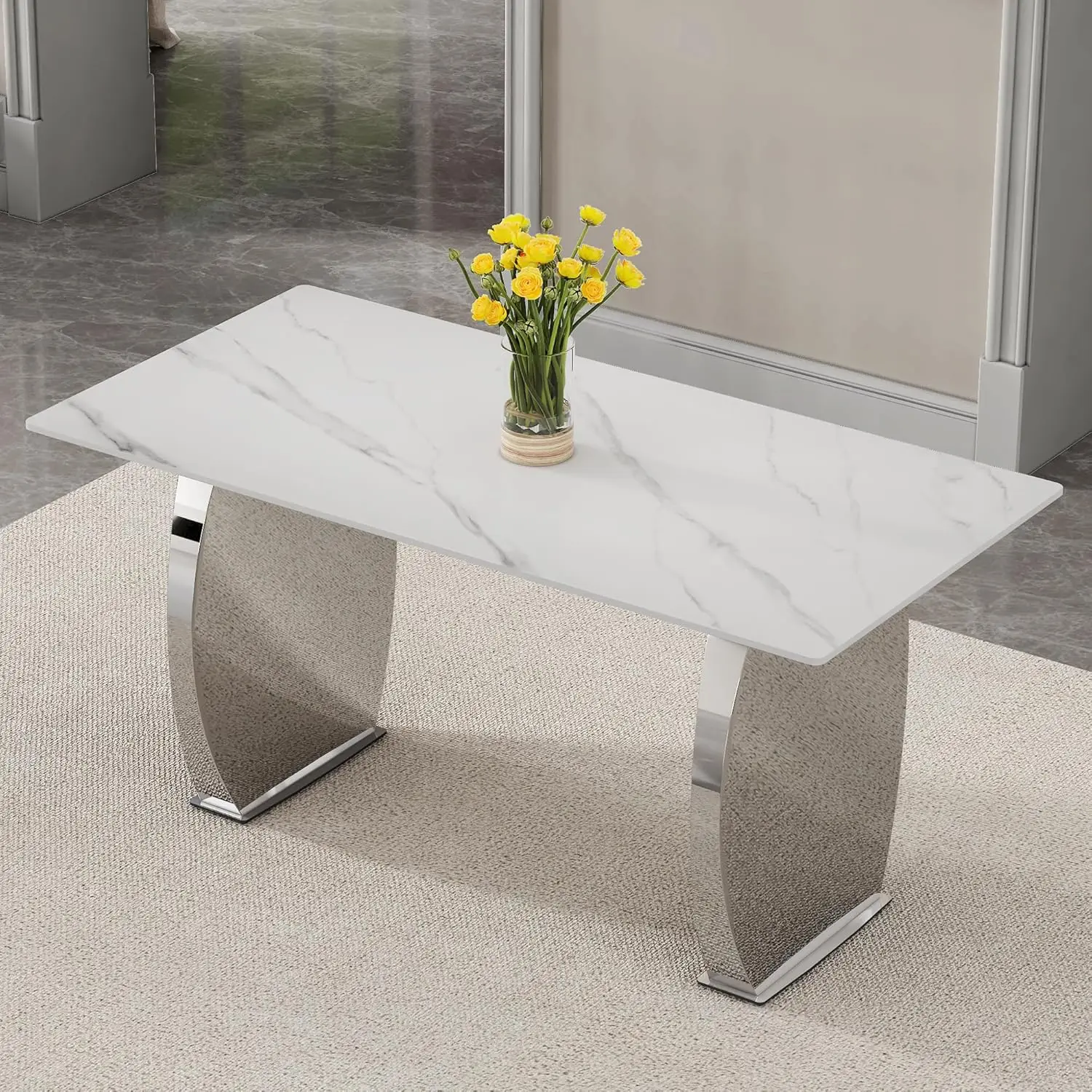 Modern Rectangular Dining Table, 0.4 Inch White Patterned Top, Silver Legs, Suitable For Kitchen, Dining Room, Living Room 63