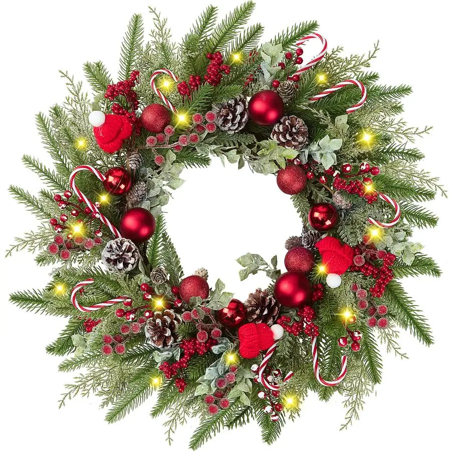 

Artificial Christmas Wreath for Front Door with Red Balls Candy Canes Pine Needles Red Berries Pine Cones Christmas Decorations