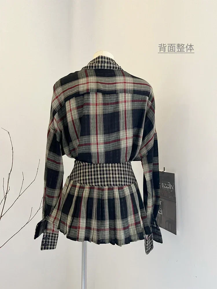 Autumn Women Suits Korean Fashion Vintage Gyaru Y2k Old Money Plaid Outfits 2 Piece Set Long Sleeve Blouses Mini Pleated Skirt