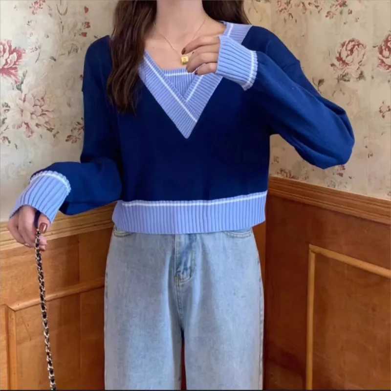 

Женские трикотажные пуловеры контрастных цветов, милый осенний укороченный свитер с V-образным вырезом, модный простой нежный Универсальный свитер в Корейском стиле для колледжа
