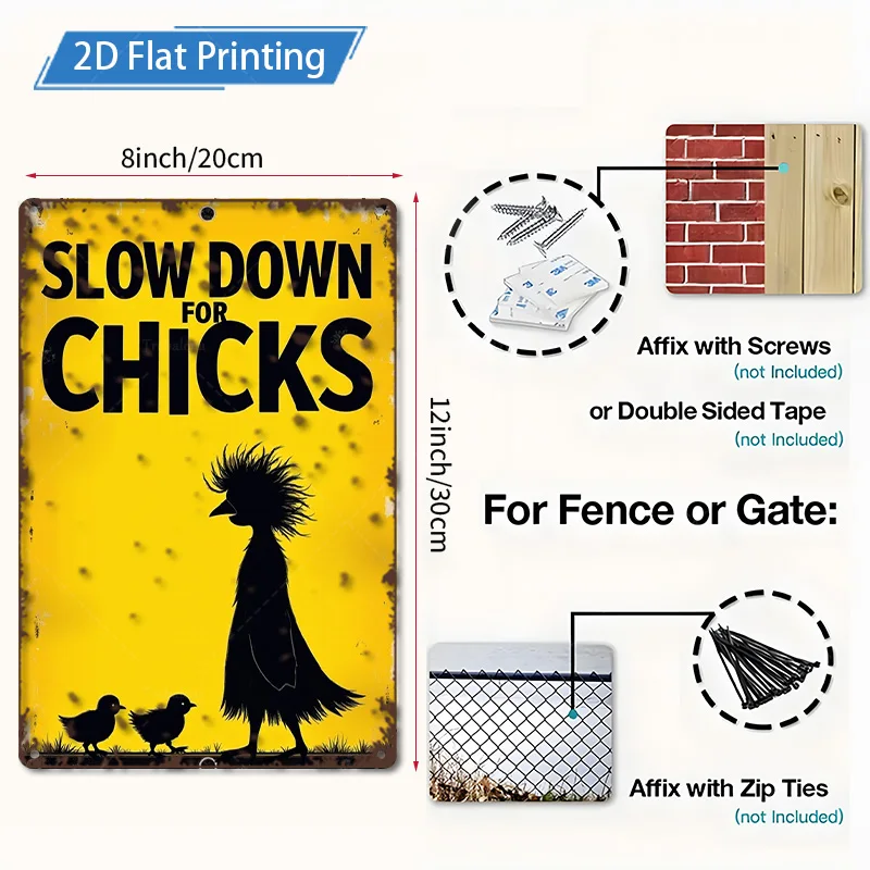 [2D FLAT] علامة معدنية مكونة من قطعة واحدة، علامة معدنية صفراء ريفية مقاس 8 × 12 بوصة "تأهل للفرخ" مع فن صورة ظلية للدجاج