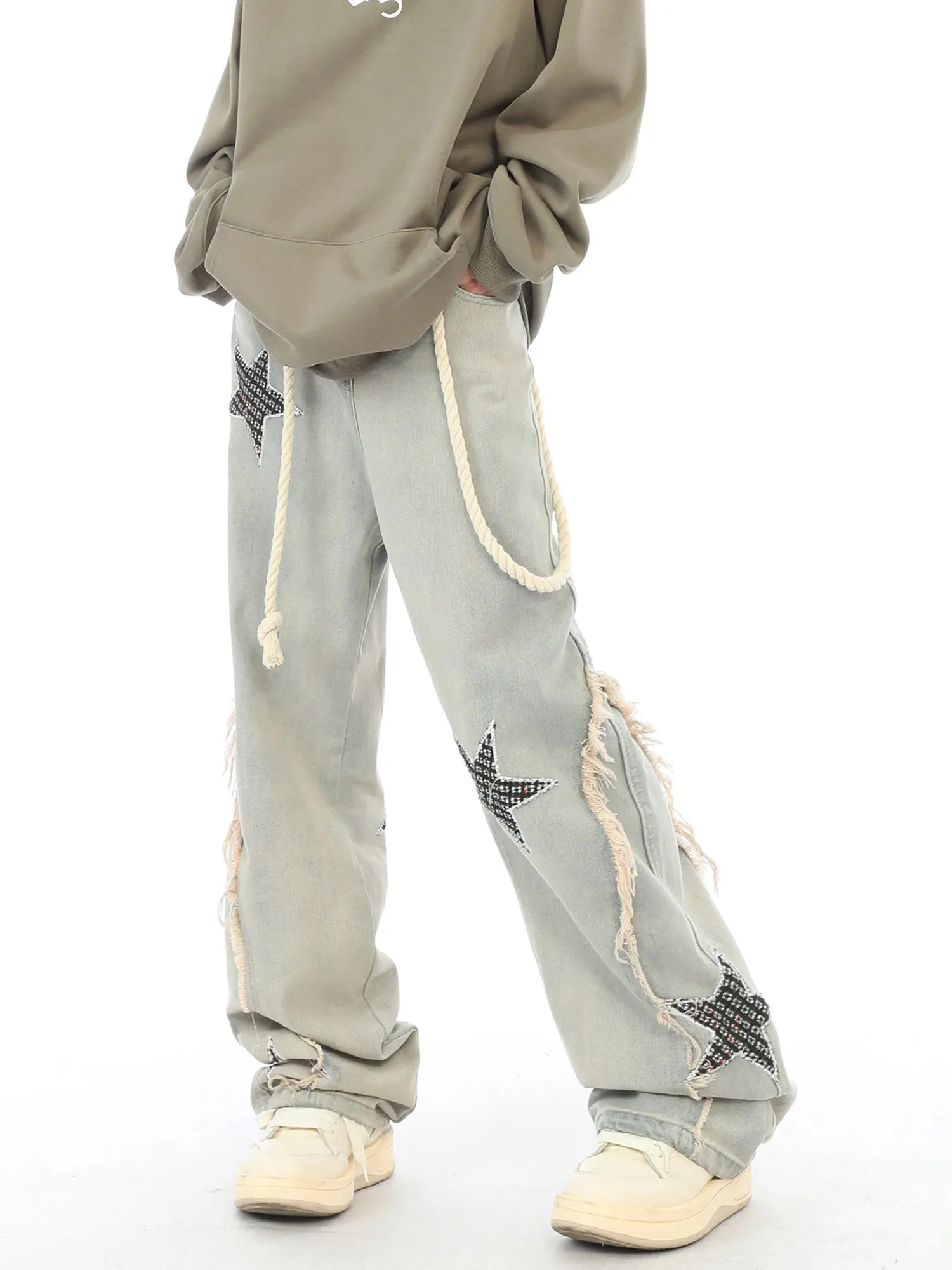 

American Retro Star Splicing Frayed Denim Pants Loose Straight Hip Hop Draping Wide Leg Pants Youth Casual Jeans