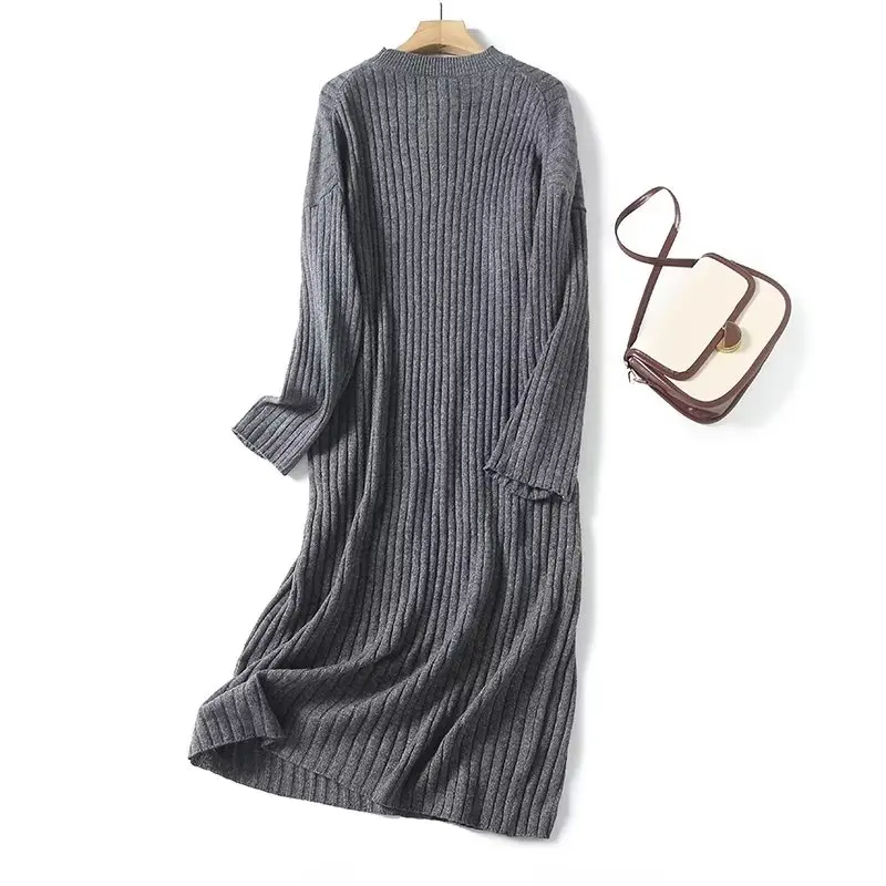 

Jenny&Dave Ladies Autumn/Winter Grey Casual Midi Dress Women Fashion Simple French Lazy Ribbed Knitted Dress