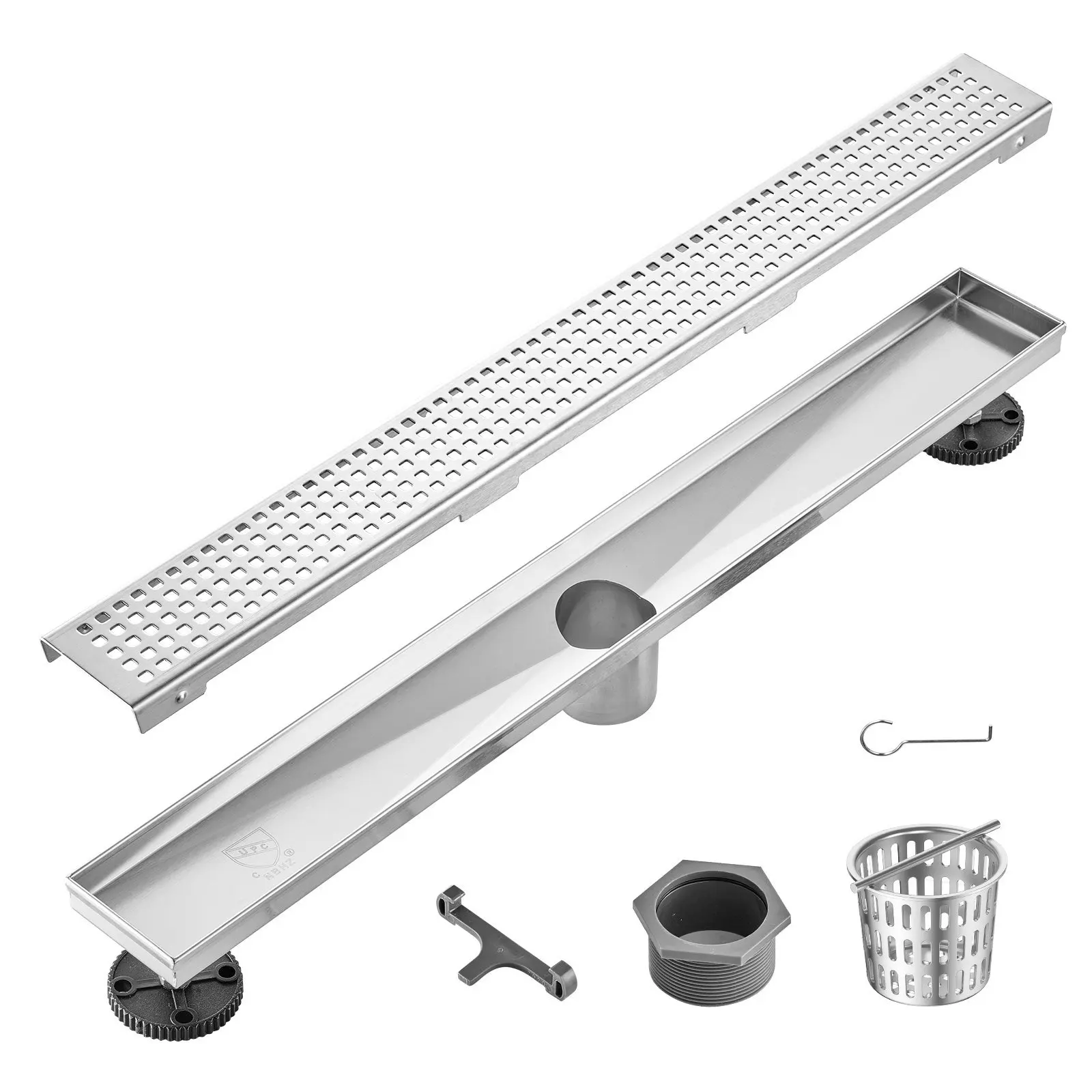 24Inch Linear Shower Drain with Square Pattern Grate,Brushed 304 Stainless Steel Rectangle Shower Floor Drain