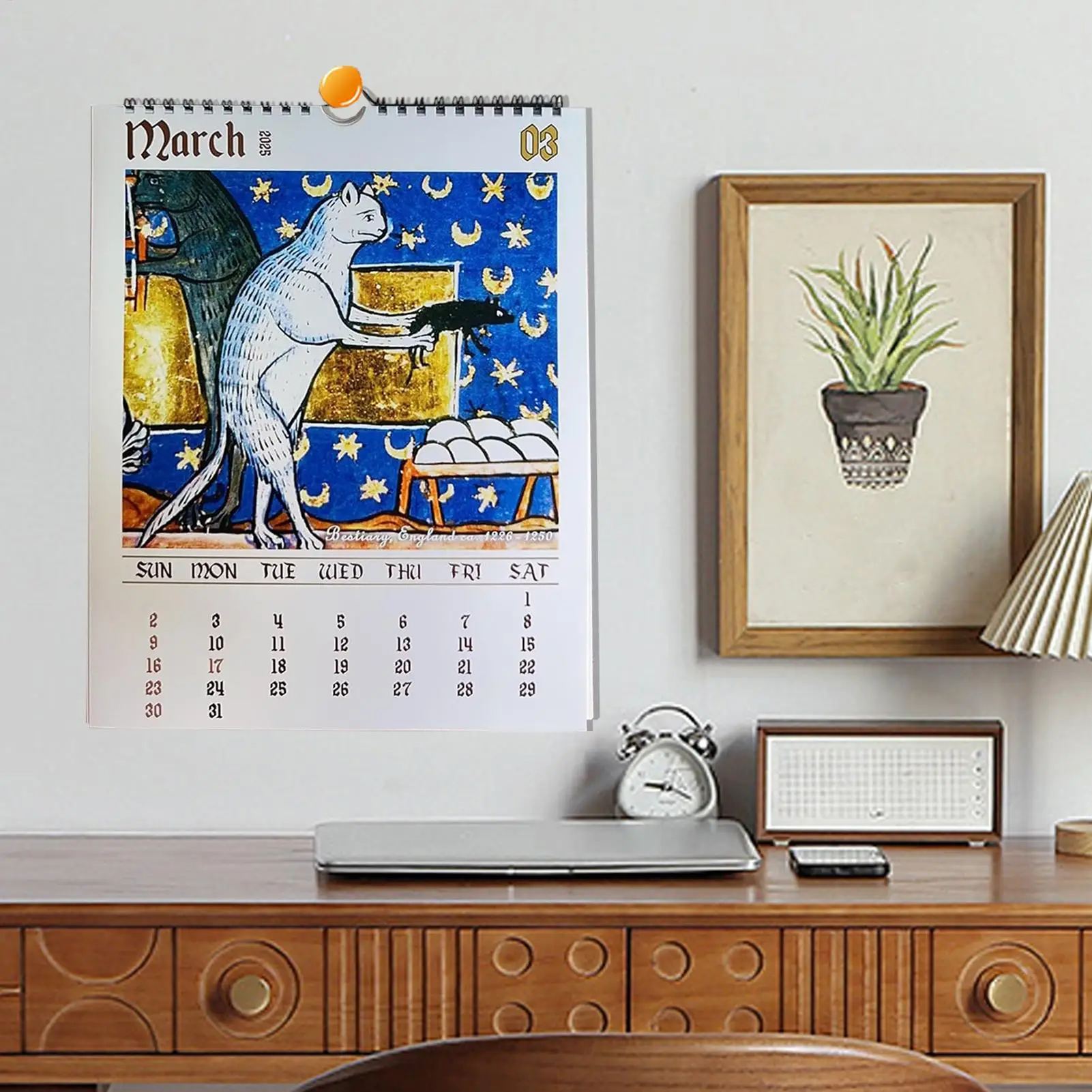 تقويم جداري غريب على شكل قطة من العصور الوسطى لعام 2026، تقويم جداري للعام الجديد، جدول يومي مضحك، مخطط شهري، تقويم جداري للقطط المضحكة