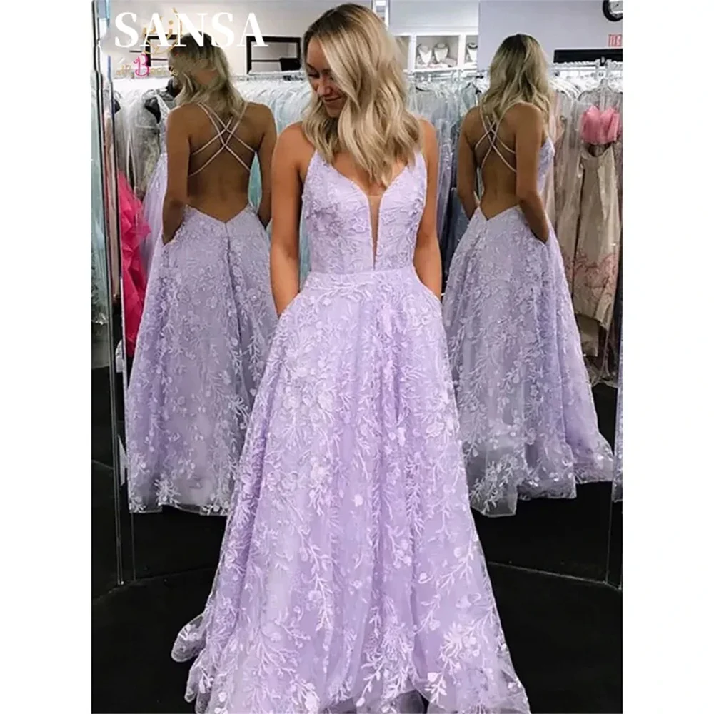 

Sansa Sweet Lavender فساتين سهره فاخره Luxury Lace Embroid A-line 2023 فساتين للحفلات الراقصة Sexy Corset Back Prom Dress