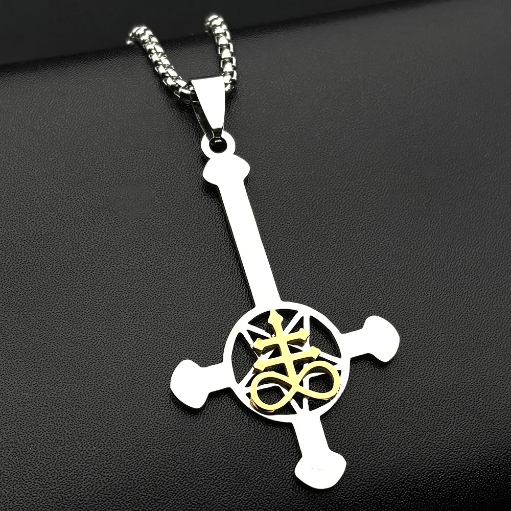 New trendy stainless steel Gothic punk inverted cross and five-pointed star pendant necklace - versatile sweater chain accessory
