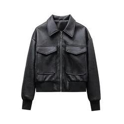 2024 new fall new women's short imitation leather bomber jacket Leather jacket for women