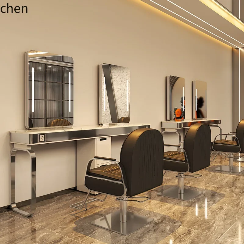 Hair Salon Mirror Table Double-Sided Marble Hairdressing Mirror Cabinet Integrated Salon Perm and Dye Table