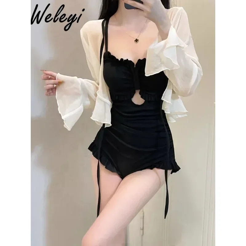 

Women's Swimsuit 2024 Summer New Fashionable Long Sleeved Belly Covering Conservative Hot Spring Soaking One piece Sexy Swimwear