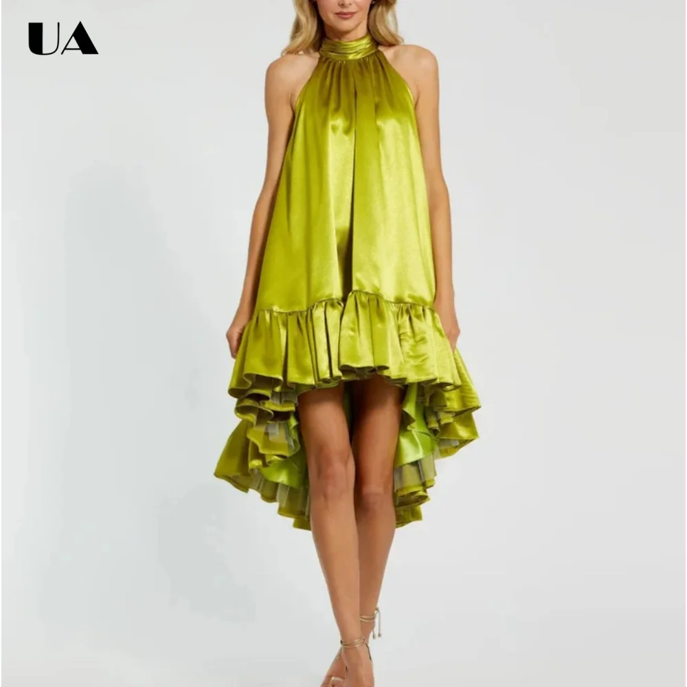 

ULBYANRY Customized Satin Halter Ruffled Prom Dress for Woman, Elegant Solid Loose Evening Dress, Fashionable High-low Ball Gown