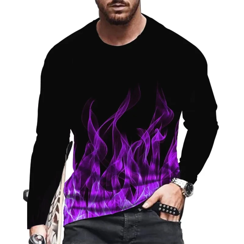 New European Pretty Flame Picture  Men long sleeved T-shirt Casual Printed Tees Hip-hop Personality Round Neck Quick-Dry Tops