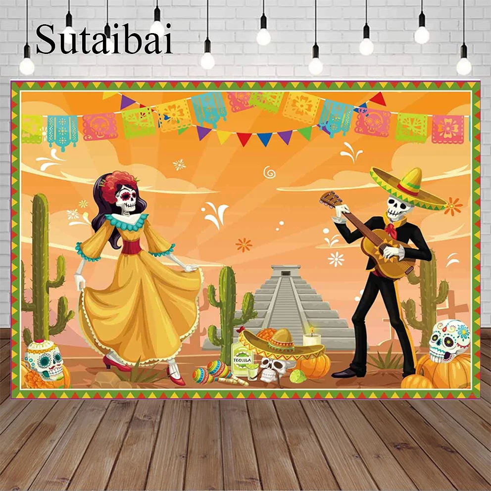 Day of The Dead Photography Backdrop Mexican Party Banner Dia DE Los Muertos Dress Up Background Fiesta Photo Booth Shoot