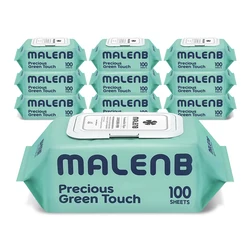 Marenby Wet Wipes Green Touch 100 Sheets (10 Packs) 55Gsm High Pulp Content Embossed Baby Wipes