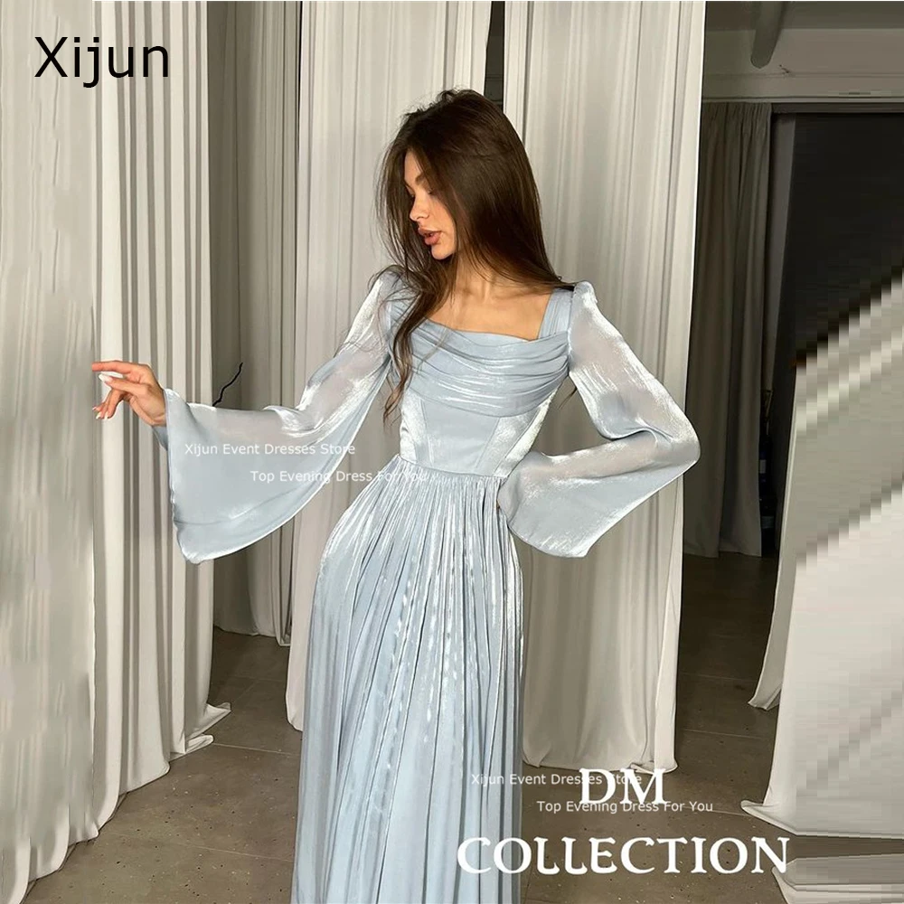 Xijun Blue A-Line Evening Dresses Long Sleeves Saudi Arabric Prom Dresses Square Collar Prom Gowns Pleats vestidos de novia 2023