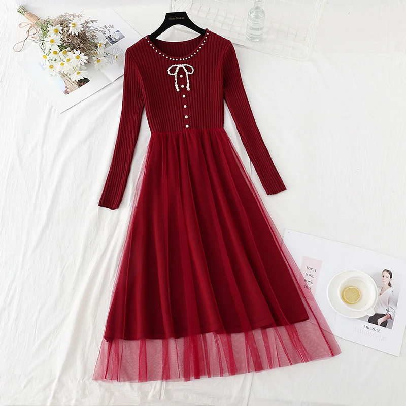 

Fashion Mesh Patchwork Knitted Sweater Dress Women's Spring 2022 New O- Neck Long Sleeve Vintage Slim High Waist Long Dress