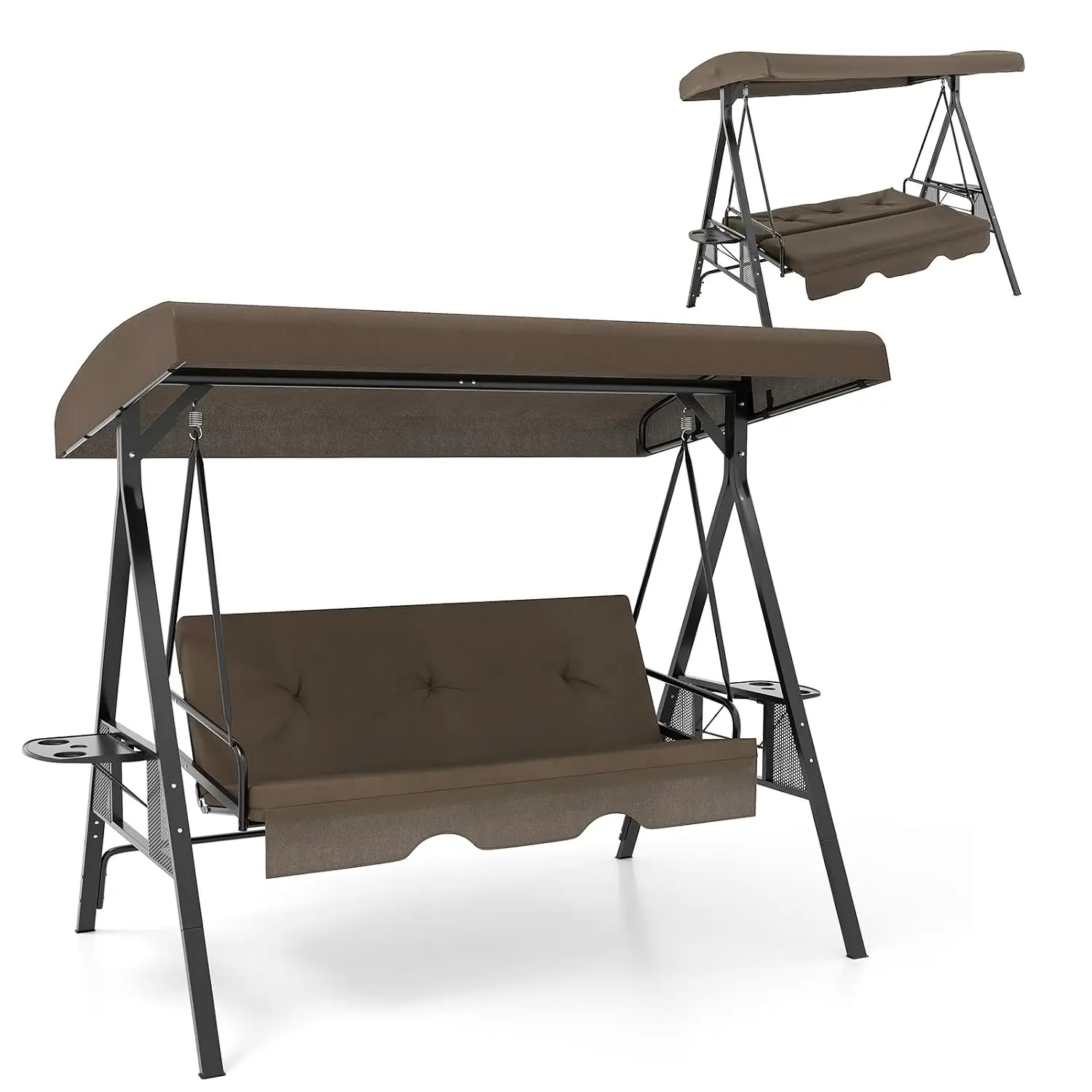 3-Person Patio Swing Bed with Stand & Foldable Trays, Adjustable Canopy, Convertible Backrest & Removable Cushion, Customized