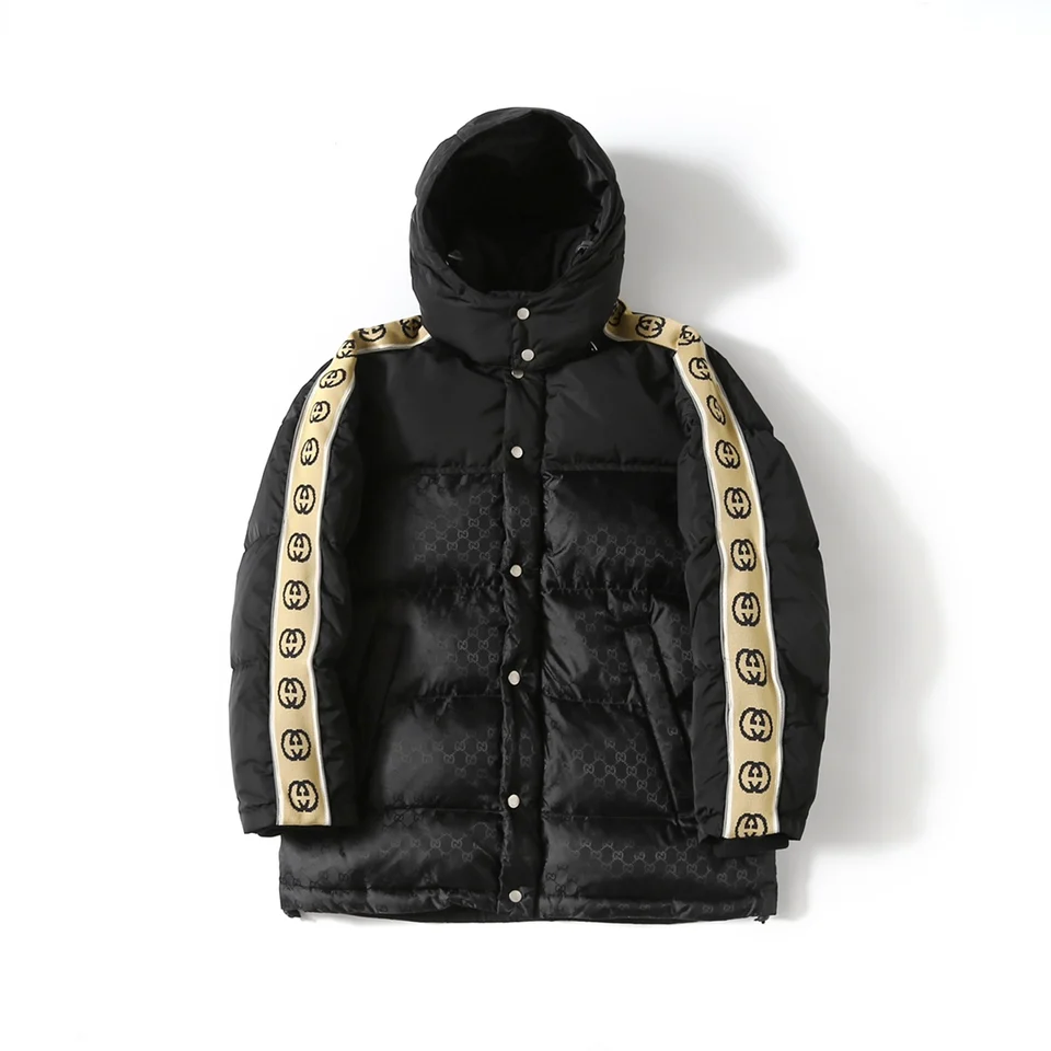 Gucci down jacket with full print, reflective tape, Jacquard down