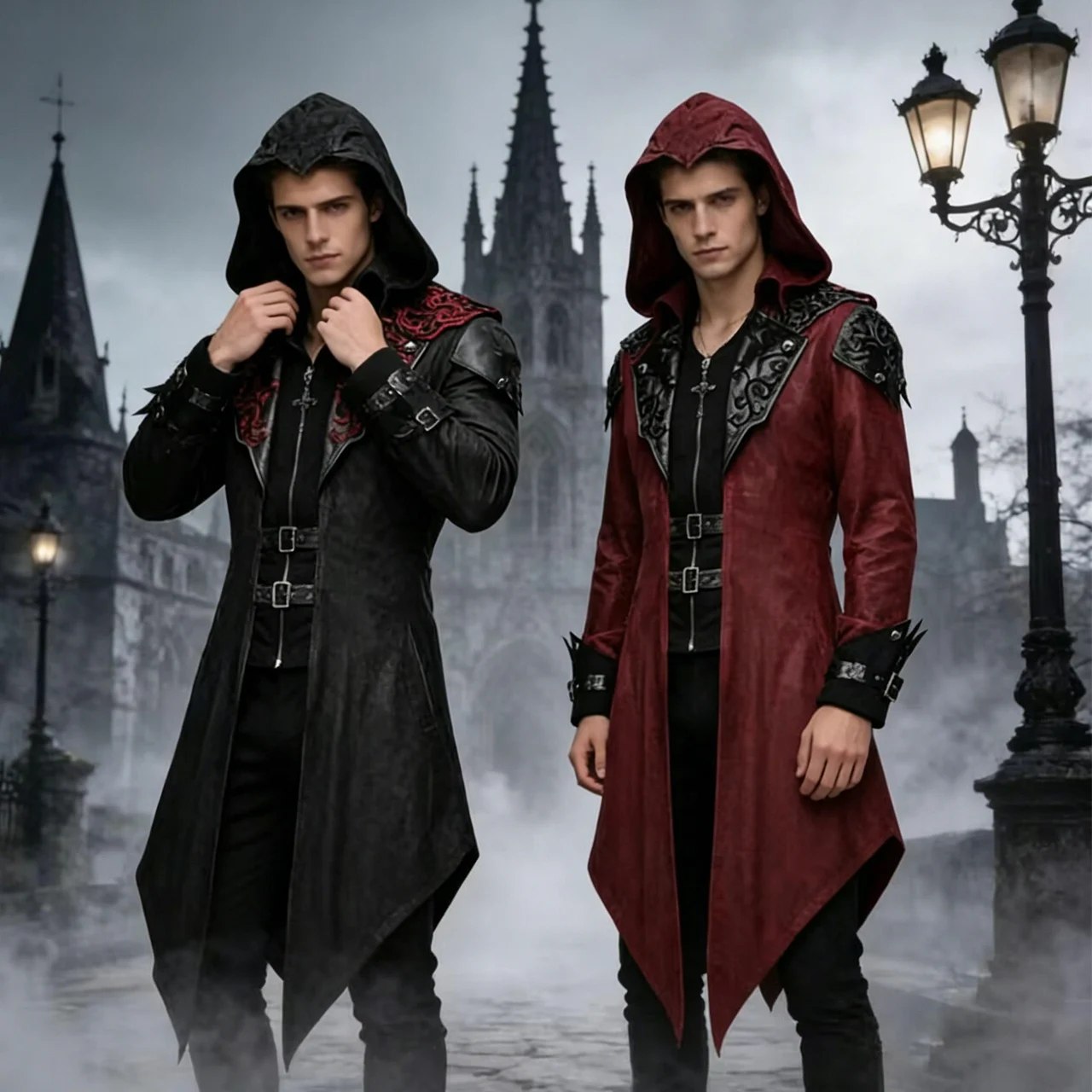 

Medieval Gothic Steampunk Coat Men Women Wine Red Hooded Tailcoat Assassin's Creed Style Halloween Cosplay Costume