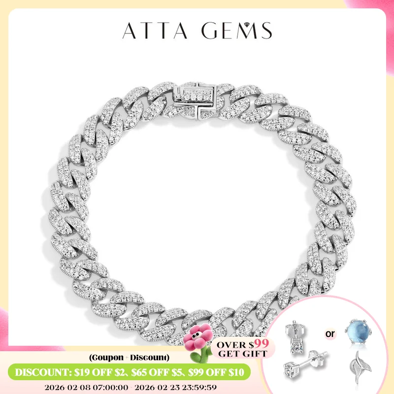 

ATTAGEMS DVVS1 Полная муассанитовая куба-цепочка для мужчин и женщин, стерлинговое серебро 925 пробы, позолоченный 18 карат, теннисный браслет в стиле хип-хоп, ювелирные украшения