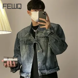 FEWQ Men's Design Denim Jacket American 2023 Vintage Turn-down Collar Belt Design Single Breasted Male Coat High Street 24X1972