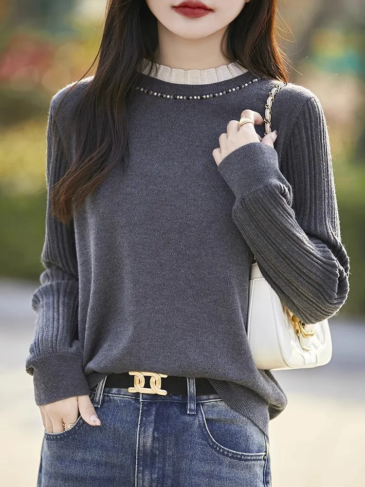 Women's Knitted Base irt Lace Collar Beaded 2024 New Faion Warm Sli Layering Fine Spun Wool Spring Autumn New