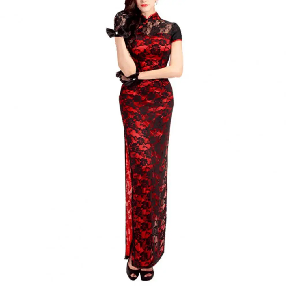 Retro Style Cheongsam Semi-stand Collar Cheongsam Elegant Chinese Style Lace Cheongsam Vintage Double-layered High for Women