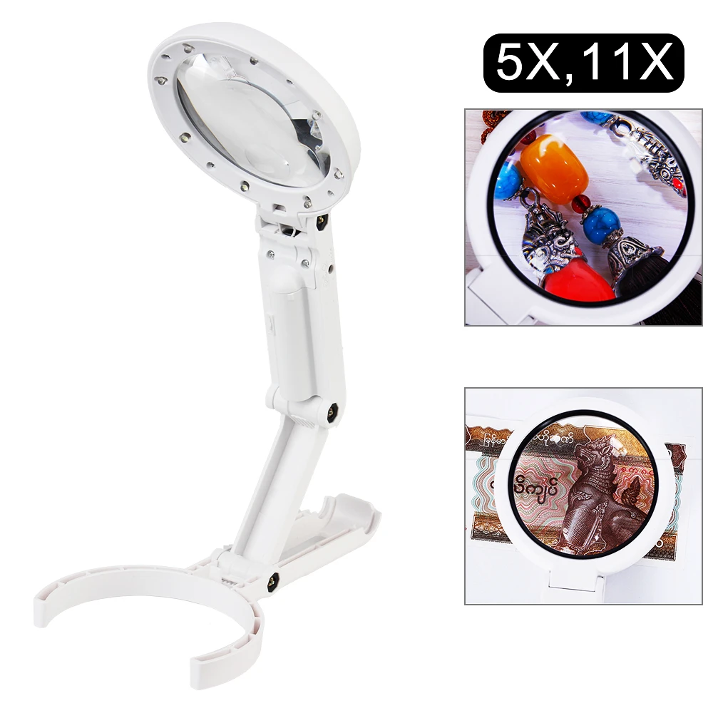 Stand Desk with 8 LED Light Foldable Magnifying Glass 5x 11x Portable Hand-held Hand Tool Set