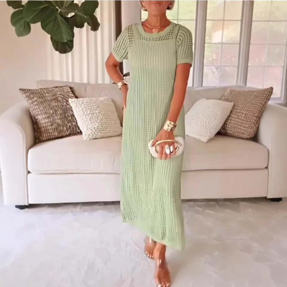 Zweiteiliges, körperbetontes Damenkleid mit Rundhalsausschnitt und Ausschnitt, lässig, Sommer, 2025, modisch, eleganter Stil