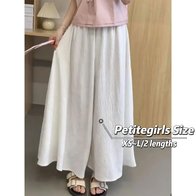 

150cm Petite girls White Dress Pants Women High Waist Fairy Floating a-line Skirt Cotton Linen Drape Wide Leg Pants Summer