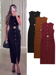 HH Women Fashion O-Collar Single Breasted Hem Slit Belt Decorate Midi Dress Female Chic Sleeveless Back Zipper Slim Dress