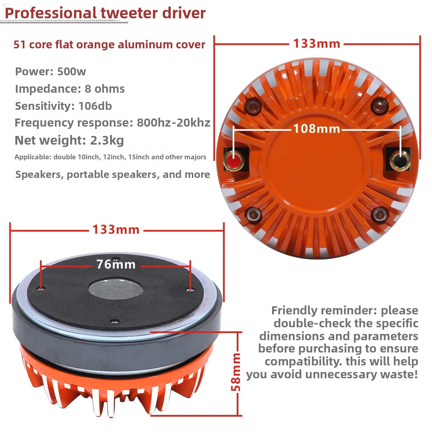 MW Audio, 1 stuks, compressie-element voor hoornluidspreker, 34,4/44,4/51 mm, aluminium behuizing, hoogfrequente tweeter voor podiumluidsprekers.