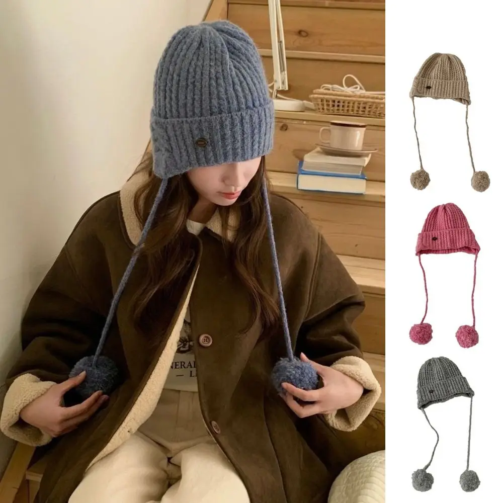 

Japanese Winter Y2k Knitted Cap Thick Soft Warm Pom-pom Knit Cap Windproof Casual Beanie Hats Outdoor