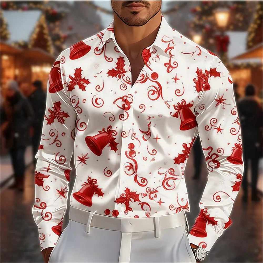 Christmas Men's Long-Sleeve Shirt with 3D Printed Reindeer and Snowflake Pattern Holiday Party Casual Fashion Men's Shirt top