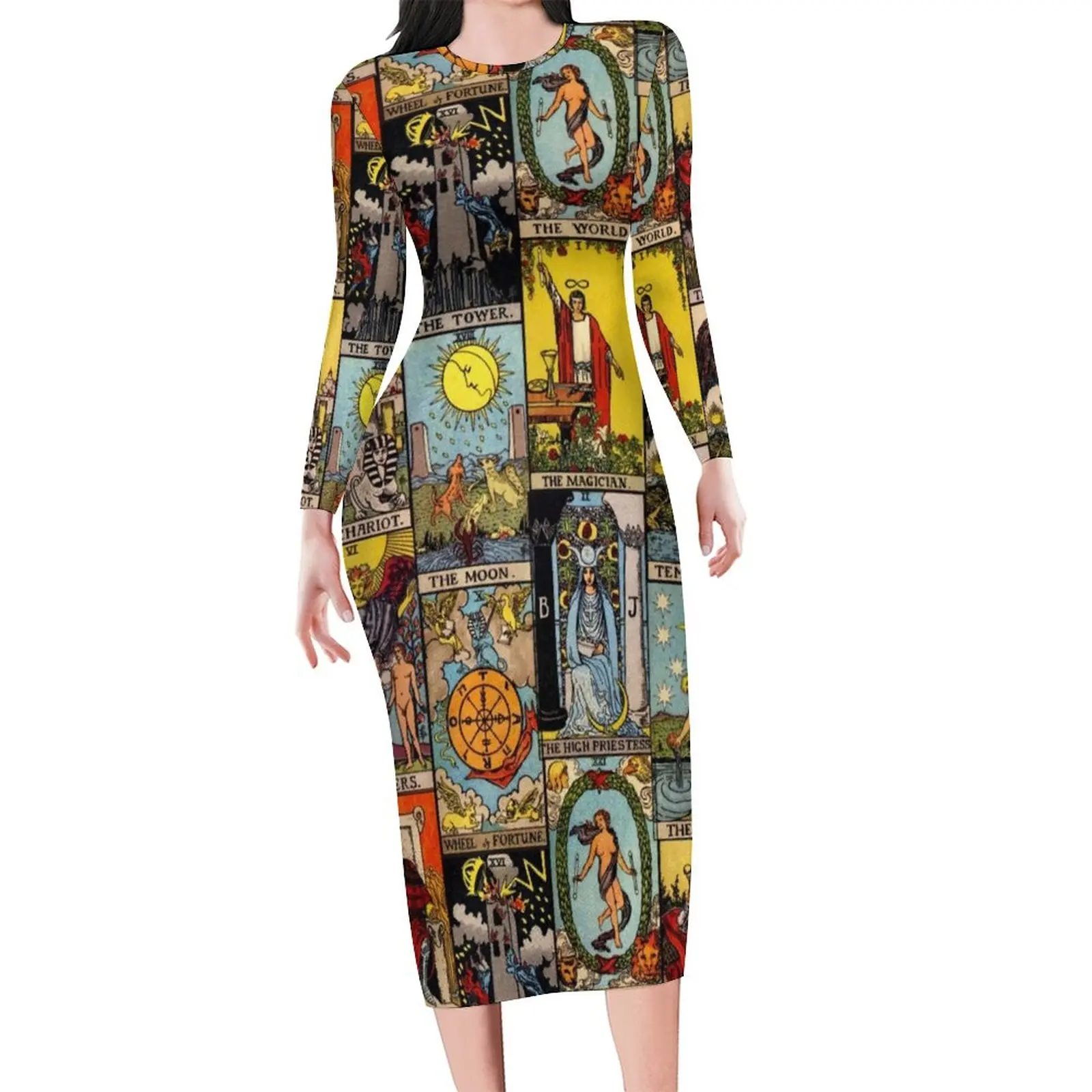 Vintage Moon Dress Long Sleeve Tarot Art Collage Aesthetic Dresses Holiday Cute Bodycon Dress Women Graphic Oversized Vestidos