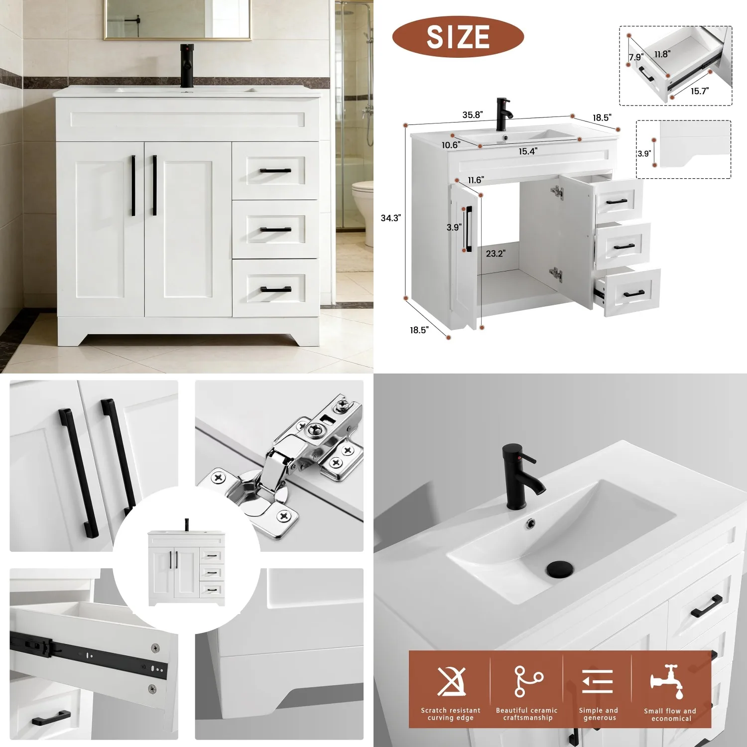 

36in Plywood Bathroom Vanity Cabinet w/ Sink Soft Close Doors Full Extension Drawers No Faucet Drain Mirror White Customized