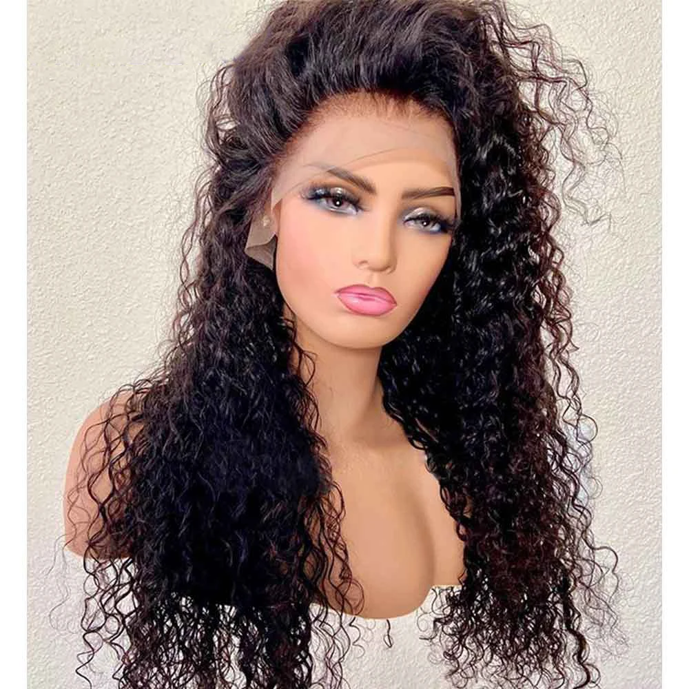 180Density Soft 26Inch Long Glueless Natural Black Kinky Curly Lace Front Wig For Women Baby Hair Synthetic Preplucked Daily