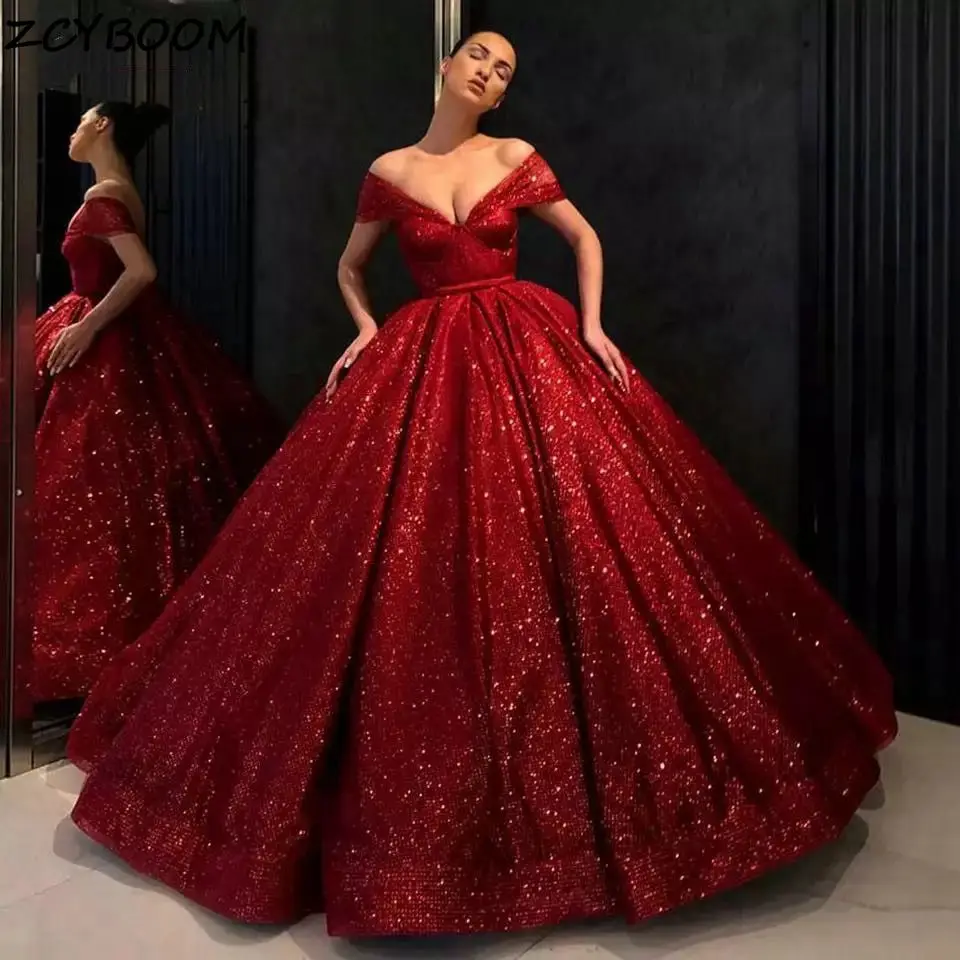 Customized Red Off The Shoulder Quinceanera Dresses 2025 Ball Gown Shiny Sequined Formal Party Dress Sweet 18 Elegant Prom Dress