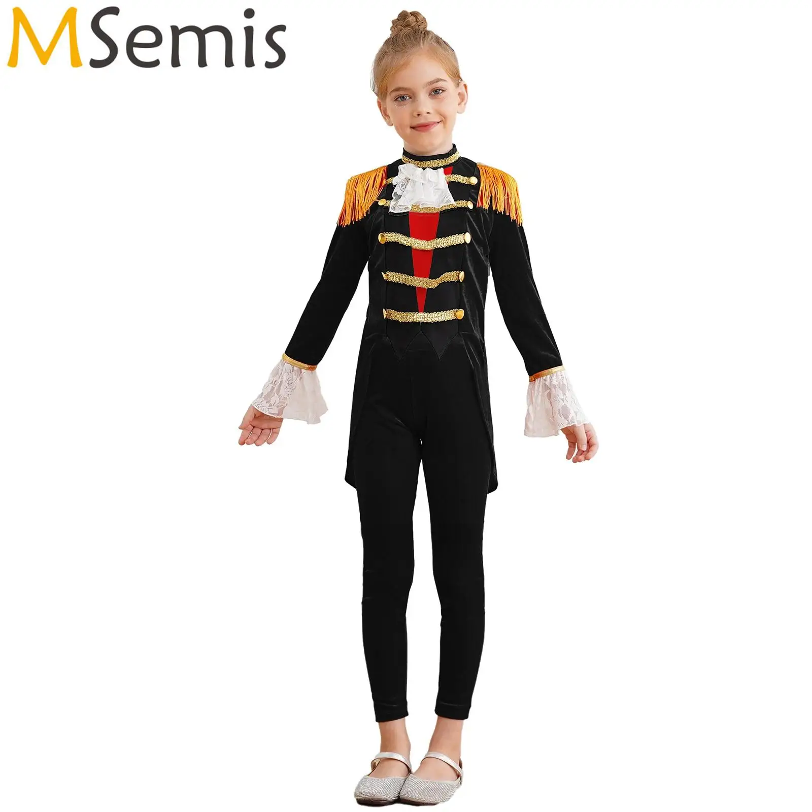 

Kids Girls Boys Halloween Circus Ringmaster Magician Lion Tamer Cosplay Costume Lace Cuffs Fringe Epaulet Tailcoat And Pants Set