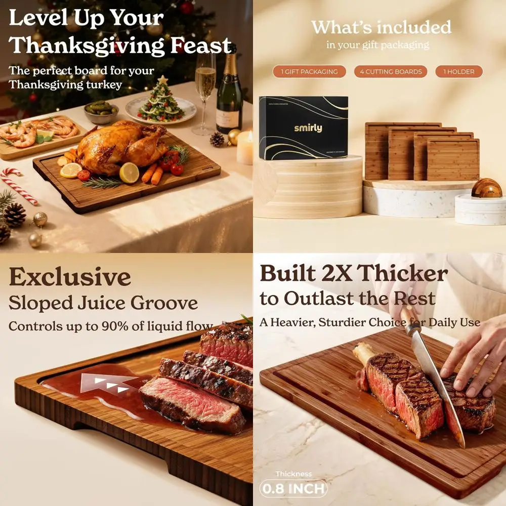 

Set of 4 Brown Bamboo Cutting Boards with Holder and Deep Groove for Kitchen, Perfect for Meat, Cheese, and Serving