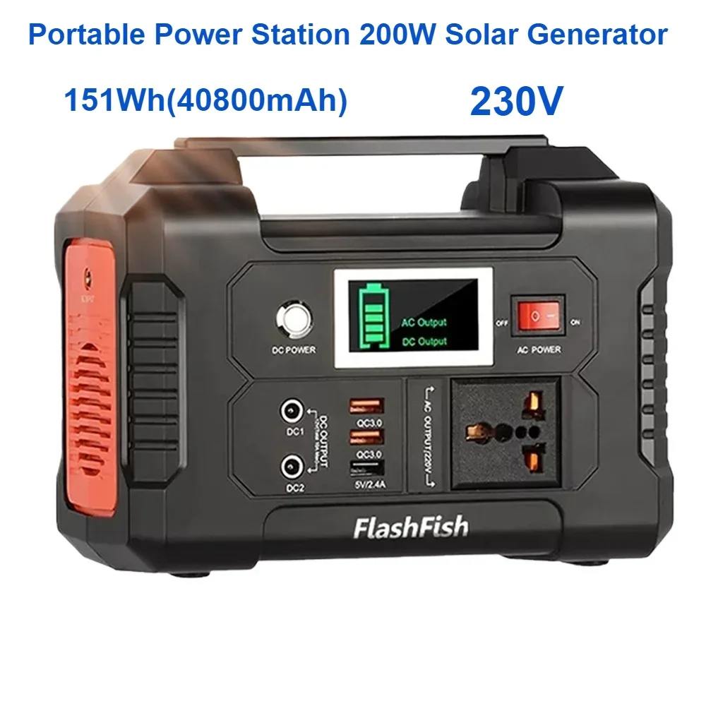 Estação de energia portátil, Gerador Solar 200W, 151WH AC, 230V, Ao ar livre, Bateria de fornecimento de emergência, Camping, TV, Drone, Laptop