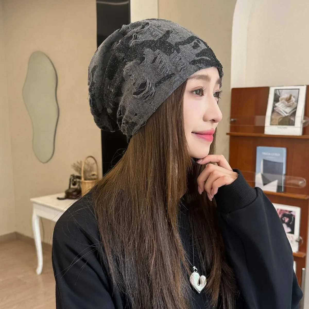 

Hollow Tassel Sprinkled Gold Stacked Hat - Fashion Twist Cold Protection Wrap Cap